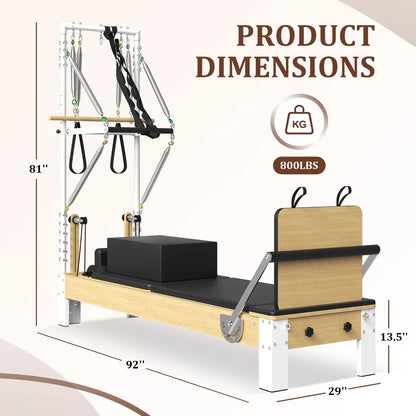 Pilates Reformer, Wooden Pilates Reformer Machine with Tower & Mat, Pilates Equipment for Home Workout and Studio, with Reformer Accessories, Sitting Box, Jump Board