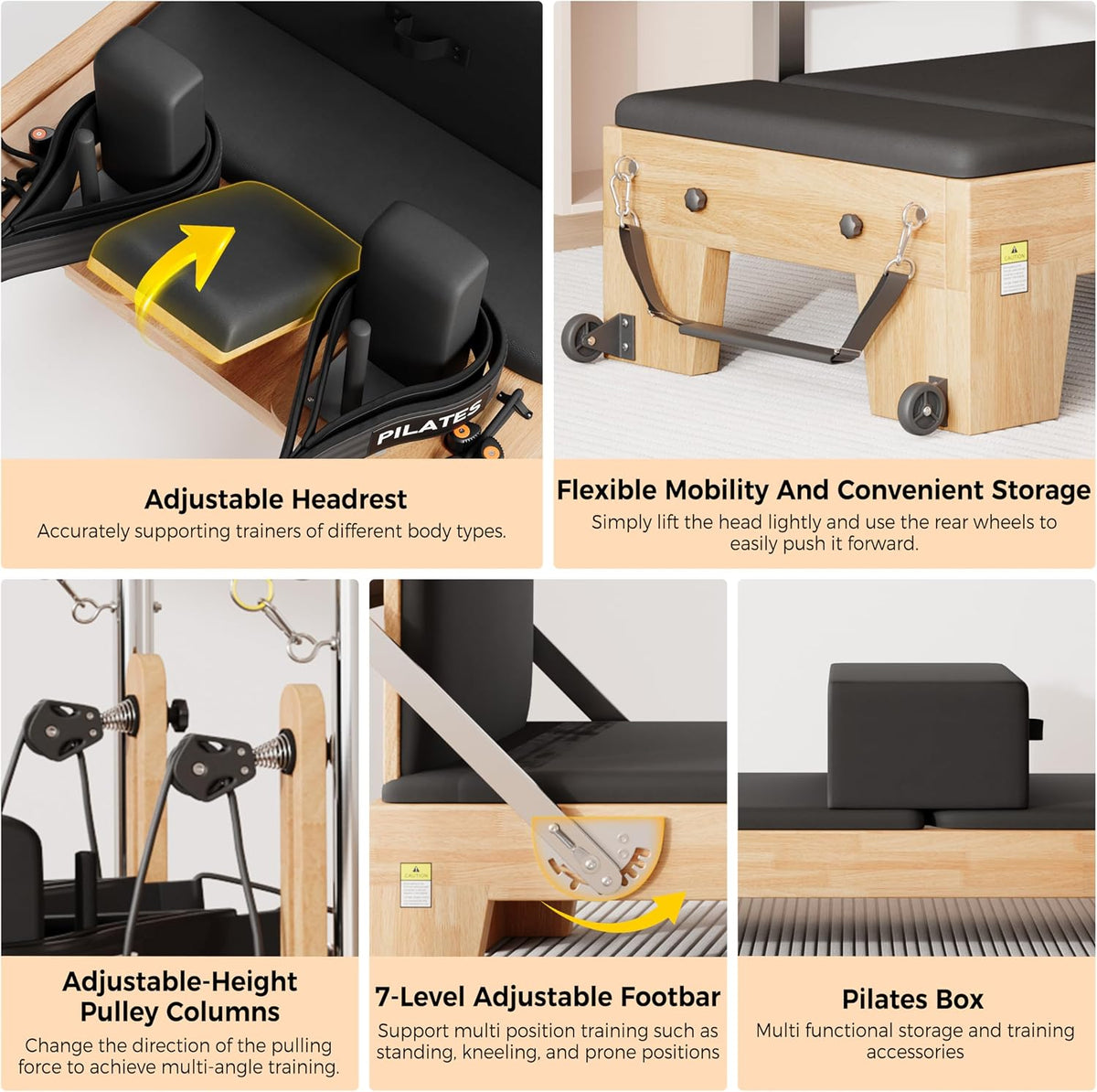 Pilates Reformer for Home Gym, Solid Wood Pilates Reformer Machine
