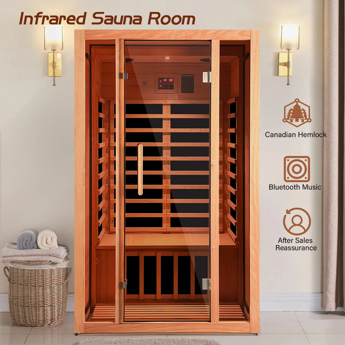 2 Person Extendable FAR Infrared Sauna for Home, Hemlock Wood Low EMF 6 Carbon Heaters Indoor Saunas with LED Lights, Bluetooth Speaker, Digital Control Panel, and Seating Bench