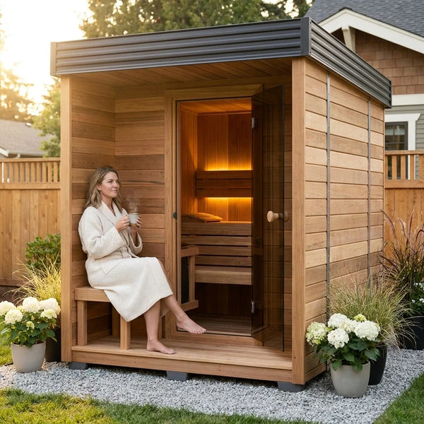 Traditional Outdoor Sauna Built for All-Season Use, Cedar Construction, 9kW Heater, Wi-Fi Controls